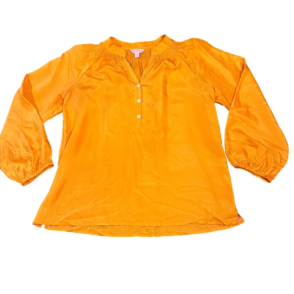 Lilly Pulitzer Orange Silk Smocked Neck Blouse Long Sleeve Button Front Womens M